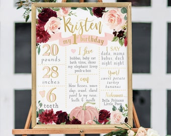 May include: A pink and white first birthday sign with floral decorations. The sign includes the name Kristen, the age 1, and details about the child's growth, including weight, height, and number of teeth. The sign also includes a list of things the child loves, can do, and says.