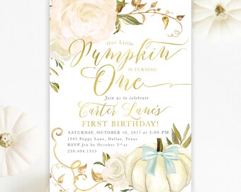 Custom Fall Boy Birthday Invitation Our Little Pumpkin is Turning One, Boy First Birthday Party Invite - Fall 2 - Fall2BD01a