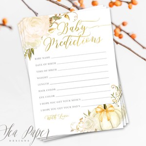 Cartes de prédiction de bébé automne, jeu de douche de bébé automne, imprimable, automne fleurs blanches et citrouille blanche - téléchargement immédiat, numérique - automne 2