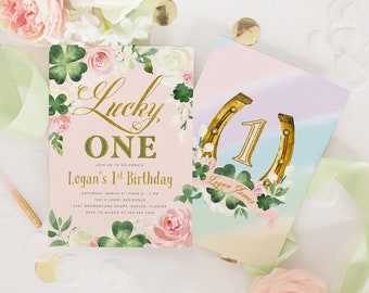 Lucky ONE, Girl 1st Birthday Invitation, St. Patty's Day Girl First Birthday Invite, St. Patrick's Day Birthday, Shamrocks & Rainbow - Kelly