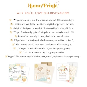 The image is a promotional material for a company called HunnyPrints, showcasing their custom printed invitations. The text highlights the company's personalized service, availability of digital and printed formats, and the ability to print items in 2-3 business days after approval. The image also includes a digital file option for text, email, and home printing.