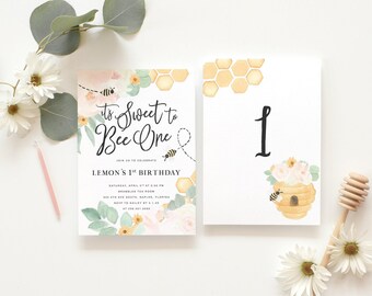 Bee 1st Birthday Invitations Girl | Honey Bee Birthday Printed Invites | Digital or Inbvitation Printing