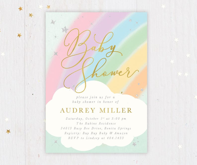 Rainbow Baby Shower Invitation, Rainbow Baby Invitation, Girl Rainbow Baby Shower Invitation, Rainbow Baby Sprinkle Invitation - Audrey image 1