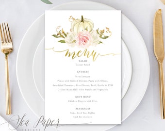 Fall Party Menu - Printed/ Printable - Pumpkin Menu, Fall Pink Flowers & Pumpkin - Baby Shower, Bridal Shower, Birthday Party - Fall 11