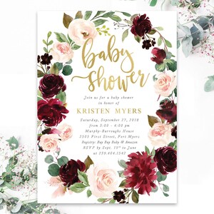 Baby Shower Invitation Girl, Girl Baby Shower Invite, Burgundy & Blush Baby Shower Invite, Floral Baby Shower - Printed, Printable - Kristen
