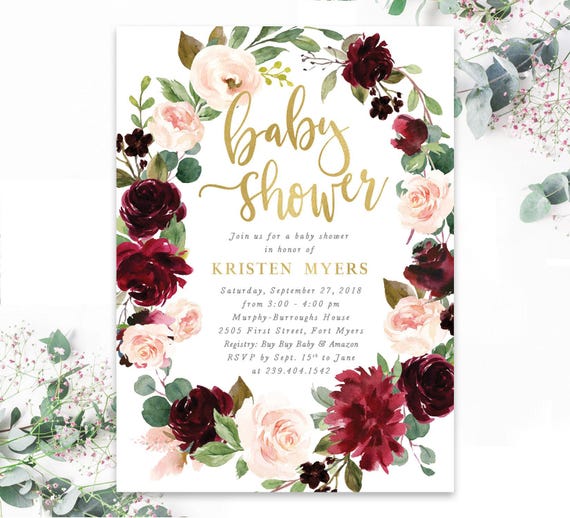 Baby Shower Invitation Girl, Girl Baby Shower Invite, Burgundy & Blush Baby Shower Invite, Floral Baby Shower - Printed, Printable - Kristen