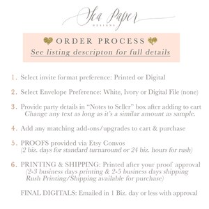 May include: A pink and white graphic with the text "Sea Paper Designs" and "ORDER PROCESS" in gold lettering. The text below outlines the steps for ordering a custom invitation, including selecting the format, envelope preference, providing party details, adding add-ons, and the proof and printing process.