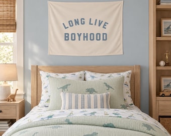 Long Live Boyhood Blue Easy Hang Banner™ for Boy's Rooms, Brother's Rooms & Playrooms - Boy's Room Wall Decor - Natural and Ocean