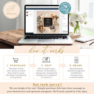 May include: A laptop screen shows a mockup of a baby announcement with a chalkboard sign that says "We're Expecting Baby Williams October 2020". The text "Personalize with Corjl" is on a blue circle with a gear icon. The text "How it Works" is written in cursive. There are three steps listed: Purchase, Edit, and Share.