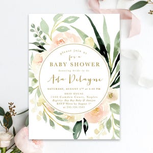 Baby Shower Invitation Girl, Girl Baby Shower Invite, Floral Baby Shower Invite Girl, Blush Pink, Peach & Greenery, Printed /Printable - Ada image 1