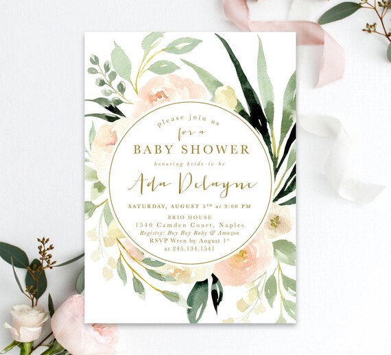 Baby Shower Invitation Girl, Girl Baby Shower Invite, Floral Baby Shower Invite Girl, Blush Pink, Peach & Greenery, Printed /Printable - Ada
