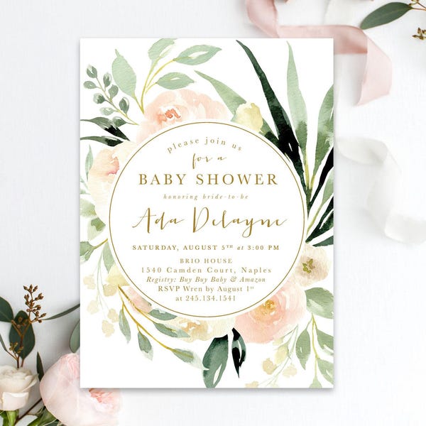 Baby Shower Invitation Girl, Girl Baby Shower Invite, Floral Baby Shower Invite Girl, Blush Pink, Peach & Greenery, Printed /Printable - Ada