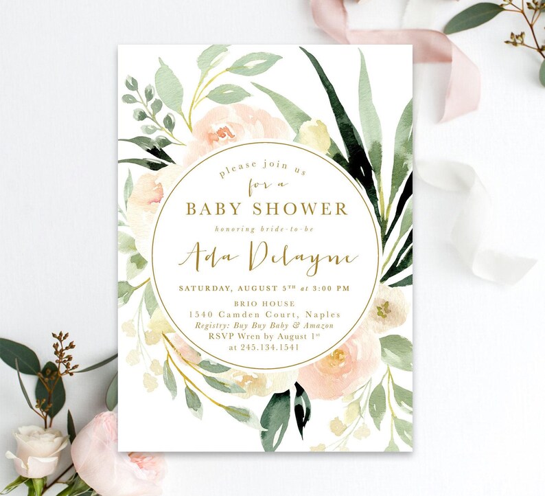 Baby Shower Invitation Girl, Girl Baby Shower Invite, Floral Baby Shower Invite Girl, Blush Pink, Peach & Greenery, Printed /Printable - Ada image 1