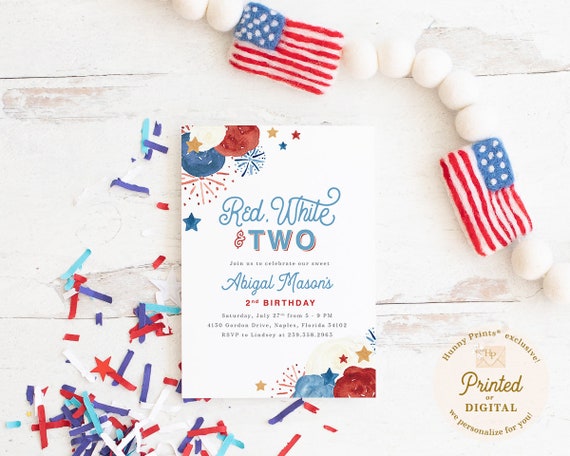 Instant Download Fourth of July Birthday Invitation N153 Templett Red White and Two Invite July 4th Red Birthday Party Invite