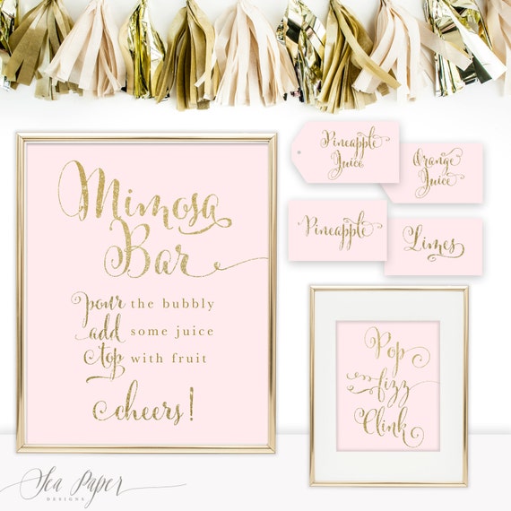 Mia Mimosa Bar Package: Mimosa Bar Sign & Poster, Fruit Drink Tags, Champagne Bar Labels, Pop Fizz Clink Sign Pink Gold Glitter - Mia Il_570xn