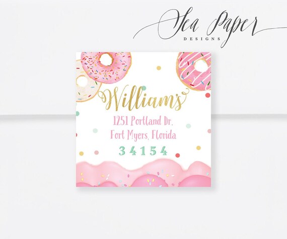 donut return address labels return address stickers donut sprinkles confetti gold square circle printed or printable donut by sea paper designs catch my party