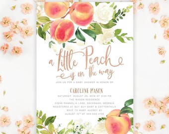 Little Peach Baby Shower Invitations | Peaches Baby Printed Invites with Envelopes - Rose Gold | Invitation Printing or Digital