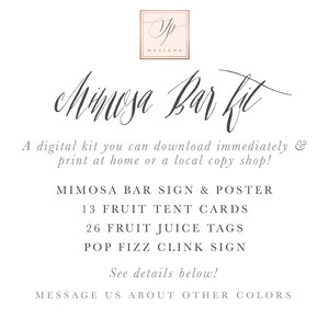 May include: A printable digital kit for a mimosa bar, featuring a sign, tent cards, juice tags, and a clink sign. The kit includes 13 fruit tent cards, 26 fruit juice tags, and a pop fizz clink sign.  The text on the image reads "Mimosa Bar Kit".