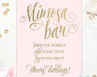 Mimosa Bar Sign Blush Pink & Gold and Silver Glitter -  8x10, 5x7 - Champagne Bar Sign - Bubbly Bar - Birthday Baby Bridal Shower, 5x7, 8x10