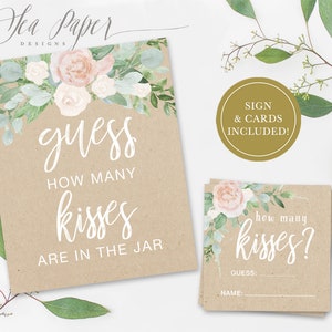 Raad eens hoeveel kussen? Zijn in de pot teken & kaarten, bruids/baby shower spel, blozen roze bloemen, groen - INSTANT DOWNLOAD- Kraft MILA