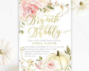 Puede incluir: Una tarjeta de invitación rectangular para una despedida de soltera con rosas rosas en acuarela y una calabaza blanca. El texto dice Brunch & Bubbly, Join us for a bridal shower honoring ANNA WHITE, SATURDAY, OCTOBER 10, 2017 at 3:00 PM, 1945 Poppy Lane, Dallas, Texas 72830, Registry: West Elm & Amazon, RSVP Jen by October 2nd at 239.404.1355.