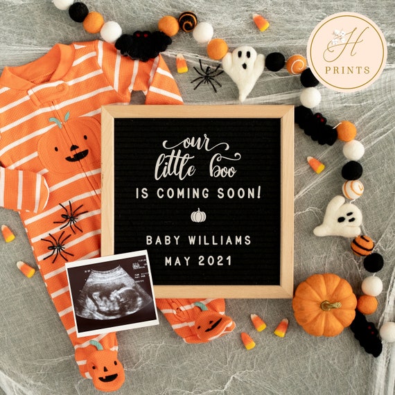 Editable Halloween Pregnancy Announcement, Pumpkin Pregnancy Announcement Template, Little Boo Gender Neutral Digital Baby Announcement Il_570xn