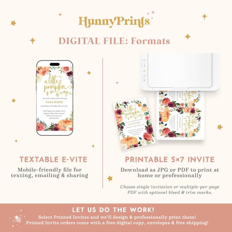 May include: A digital invitation set featuring a pumpkin and floral design with the text 'a little pumpkin is on its way'. The set includes a mobile-friendly e-vite displayed on a smartphone and a printable 5x7 inch invitation shown exiting a printer.