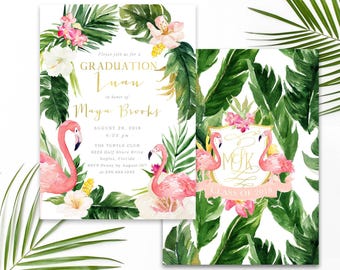 Graduation Luau Party Invitation, Flamingo Graduation Party Invite, Graduation Party Invite, Summer Tropical Invitation, Gold - Maya
