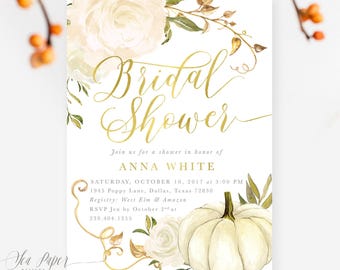 Custom Fall Bridal Shower Invitation : Autumn Bridal Shower Invite, White Pumpkin, Gold & White Roses - Fall 2 - Fall2BR01b