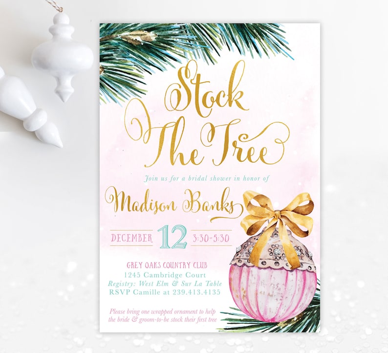 Stock the Tree Bridal Shower Invite, Christmas Ornament Bridal Invitation, Holiday Bridal Shower, Winter Bridal Shower, Holiday 30 Pink image 1