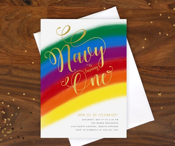 Rainbow First Birthday Invitation, Rainbow 1st Birthday Invitation, Girl Rainbow Invite, Rainbow Birthday Party Invitation, Any Age! - Navy Il_570xn
