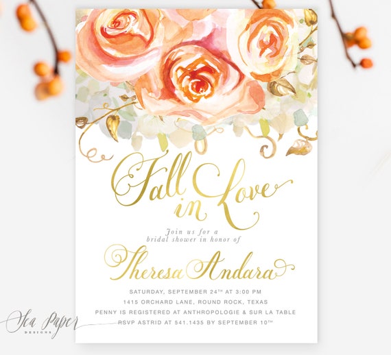 Fall Bridal Shower Invitation: Fall in Love, Autumn Bridal Shower Invite, Printed Invitations With Envelopes Optional- Design Fall 4
