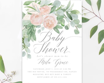Baby Shower Invitation Girl Floral, Girl Baby Shower Invite, Baby Shower Invite Girl, Blush Pink & Greenery, Printed /Printable - Mila