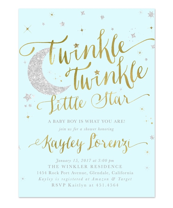 Twinkle Twinkle Little Star Baby Shower Sprinkle Invitation For Boy Light Blue Gold Silver Glitter Party Invite Birthday Party Star