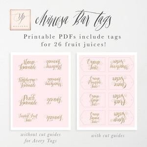 Może przedstawiać: R&oacute;żowe etykiety Mimosa Bar ze złotym skryptem. Etykiety zawierają etykiety dla 26 sok&oacute;w owocowych, takich jak Lemonade Mango, Orange Juice i Guava Nectar. Projekt zawiera opcje z i bez prowadnic cięcia.