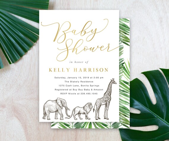 Safari Baby Shower Invitation, Gender Neutral Baby Shower Invite, Modern Safari Invitation, Elephant, Lion & Giraffe Invitation - Harrison Il_570xn