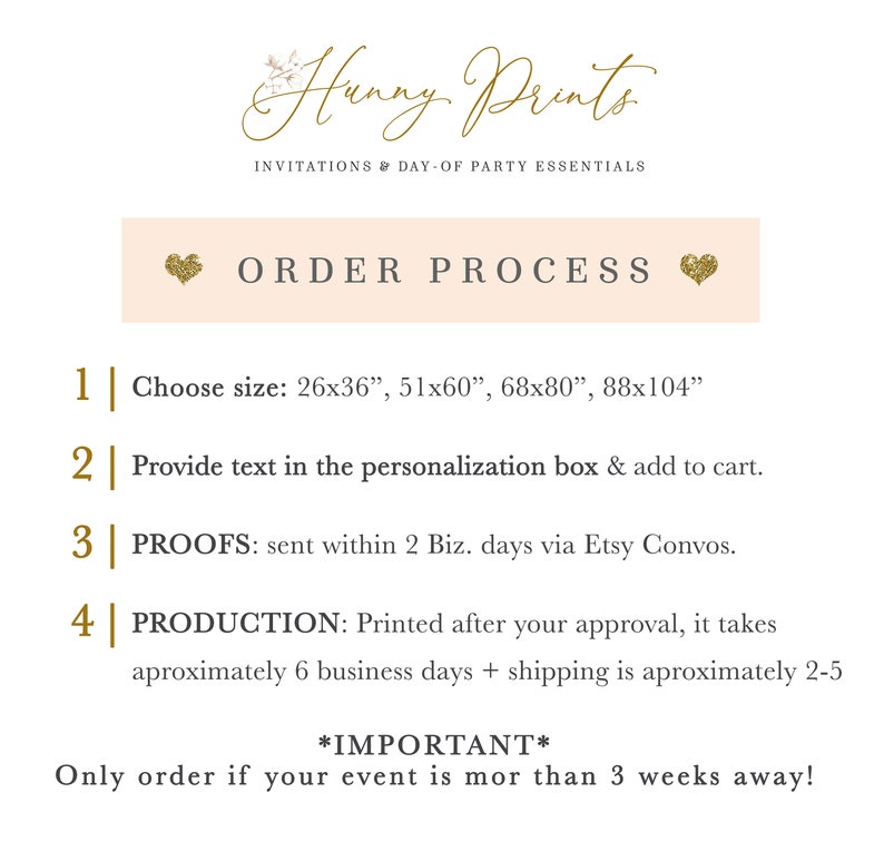 以下が含まれることがあります： 「Hunny Prints」と「Invitations & Day-of Party Essentials」のゴールドテキストが入った白いグラフィック。 注文プロセスは詳細で、66x91cm、130x152cm、173x203cm、223x264cmのサイズオプションが含まれています。 注文に関する重要な注意点も含まれています。