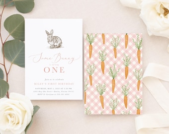 Bunny Girl First Birthday Invitation, Bunny 1st Birthday Invite Girl, Pink Bunny Birthday Invite, Rabbit Birthday Invitation - Riley Pink