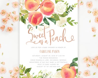 Sweet as a Peach Baby Shower Invitation, Peach Baby Shower Invite, Girl Baby Shower Invite, Boy Baby Shower, Florals, Peaches, Rose Gold