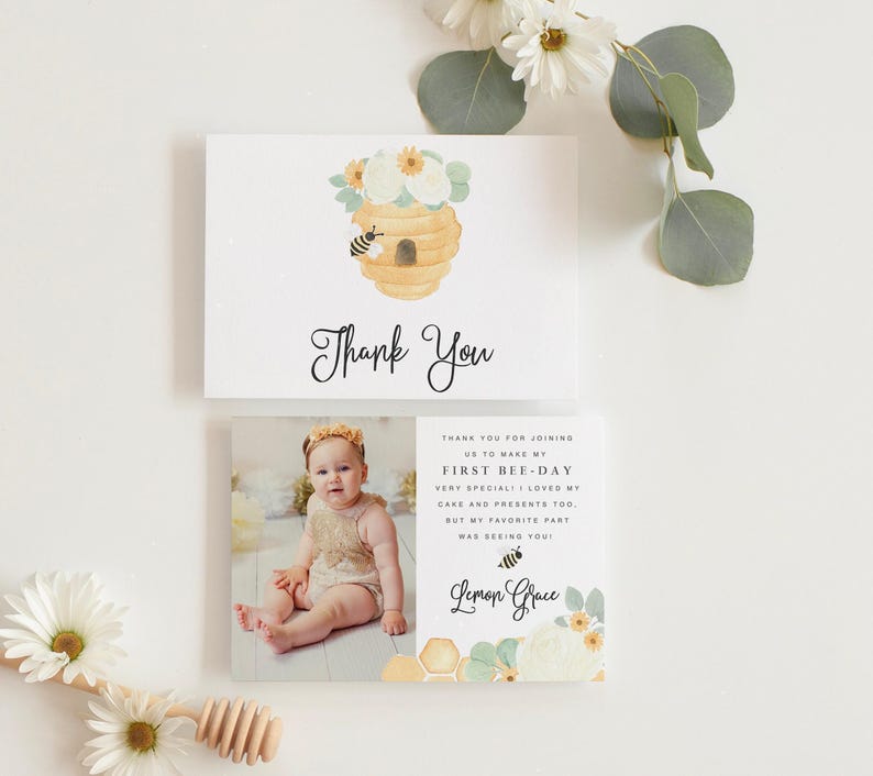 Little Honey 1st Birthday Invitations, Bee First Birthday Party Printed Invites & Envelopes - Honeybee | Invitation Printing or Digital image 4