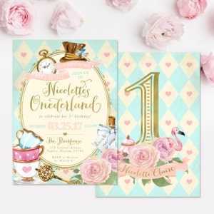 Alice In Wonderland (onederland) Girl's 1st Birthday Party Invitation - First Birthday, Any Age Girl Birthday Invite, Mad Tea Party Invite