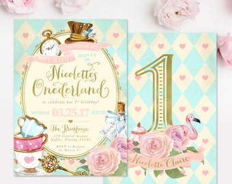 Alice In Wonderland (onederland) Girl's 1st Birthday Party Invitation - First Birthday, Any Age Girl Birthday Invite, Mad Tea Party Invite