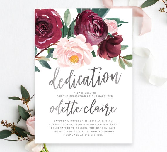 Dedication Invitation Girl, Girl Dedication Invite, Floral Dedication Invitation, Blush Pink & burgundy Flowers, Greenery - Black Odette Il_570xn