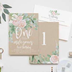 Girl First Birthday Invitation: Girl's Birthday Invite, Turning One, 1st Birthday, Floral, Blush Roses, Greenery, Kraft, Rustic, Boho - Mila Bild 1