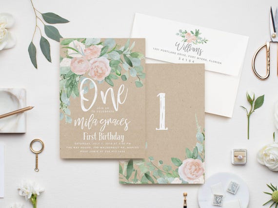 Girl First Birthday Invitation: Girl's Birthday Invite, Turning One, 1st Birthday, Floral, Blush Roses, Greenery, Kraft, Rustic, Boho - Mila