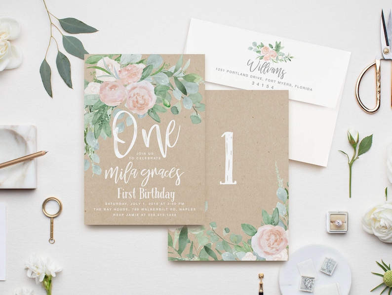 Girl First Birthday Invitation: Girl's Birthday Invite, Turning One, 1st Birthday, Floral, Blush Roses, Greenery, Kraft, Rustic, Boho - Mila Bild 1