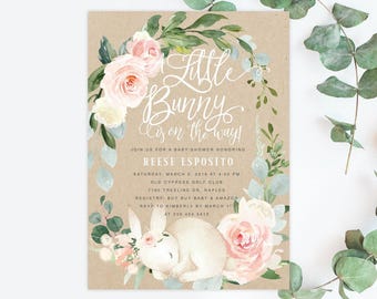 Bunny Baby Shower Invitation Girl, A Little Bunny is On the Way Invite, Girl Baby Shower Invite, Floral Baby Shower Invitation -Kraft Reese