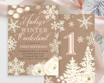 Winter Onederland Birthday Invitation Girl, Rustic Girl Onederland Birthday Party Invite, Kraft Winter Onederland Invite, Holiday 41