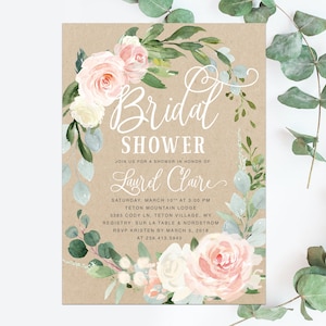 May include: A rustic brown invitation with a floral wreath border. The text reads "Bridal Shower" and "Join us for a shower in honor of Laurel Claire". The invitation details the date, time, location, registry, and RSVP information.