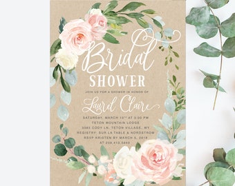 Floral Bridal Shower Invite: Bridal Shower Invitation, Kraft, Eucalyptus, Blush Pink Roses, Grey & Greenery - Printed or Digital - Laurel